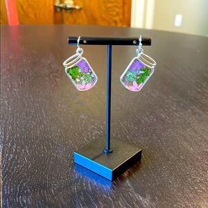 Floral Mason Jar Silver Pierced Earrings with Purple and Pink Accents